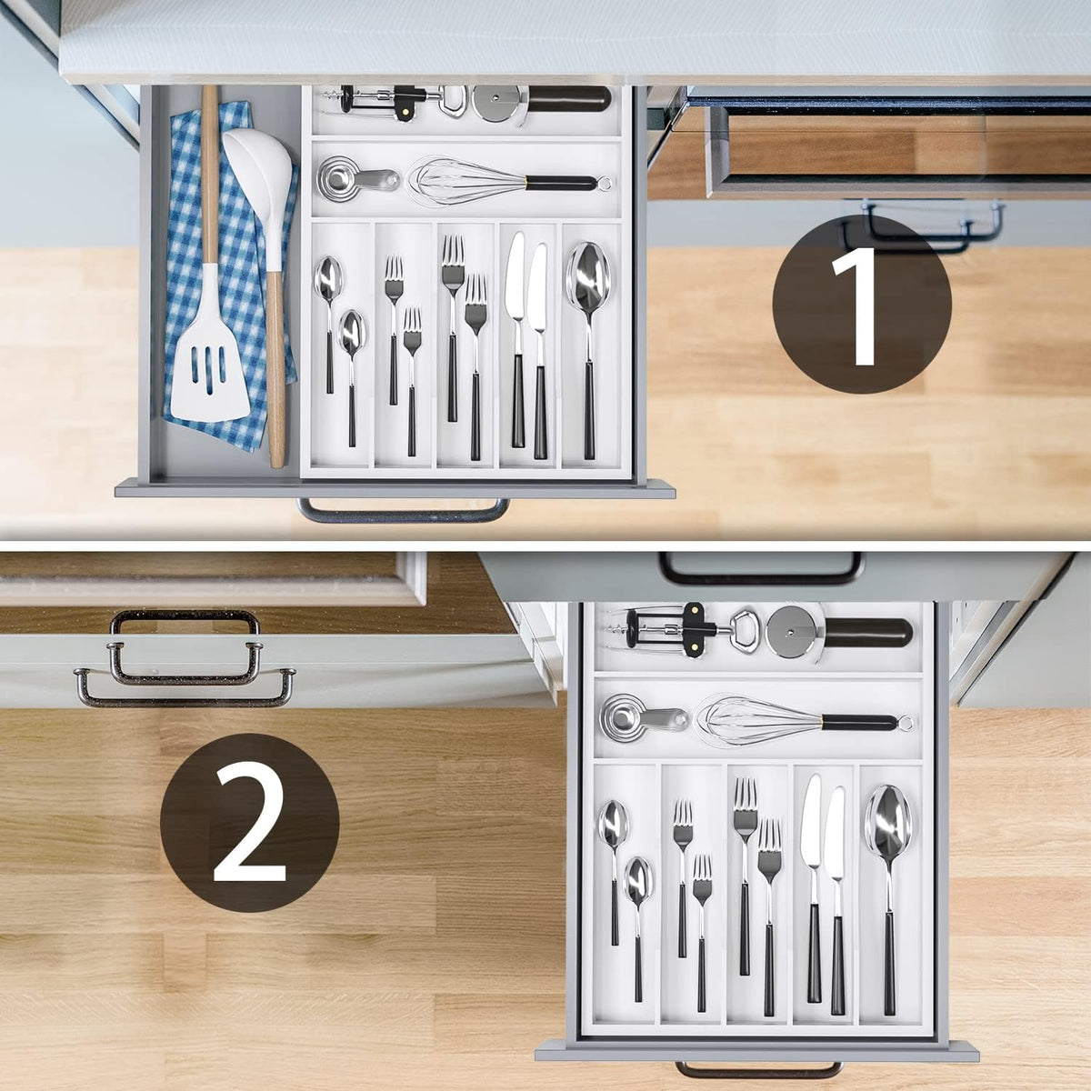 Utensil Organizer Silverware Drawer Organizer - 7 Slots Bamboo Cutlery Organizer Multi-Purpose