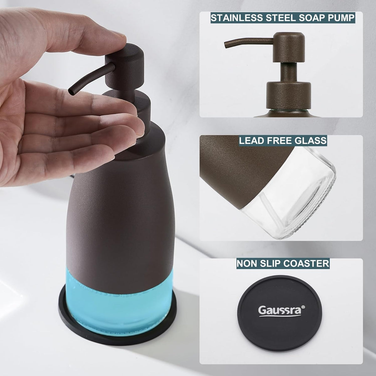 Gaussra Bronze Soap Dispenser with Coaster and Stickers, Stainless Steel and Glass Bottle Hand Pump