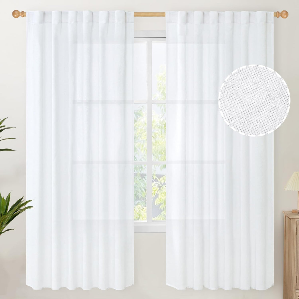 YoungsTex 72 Inch Length White Linen Curtains for Living Room 2 Panels, Rod Pocket Back Tab Semi