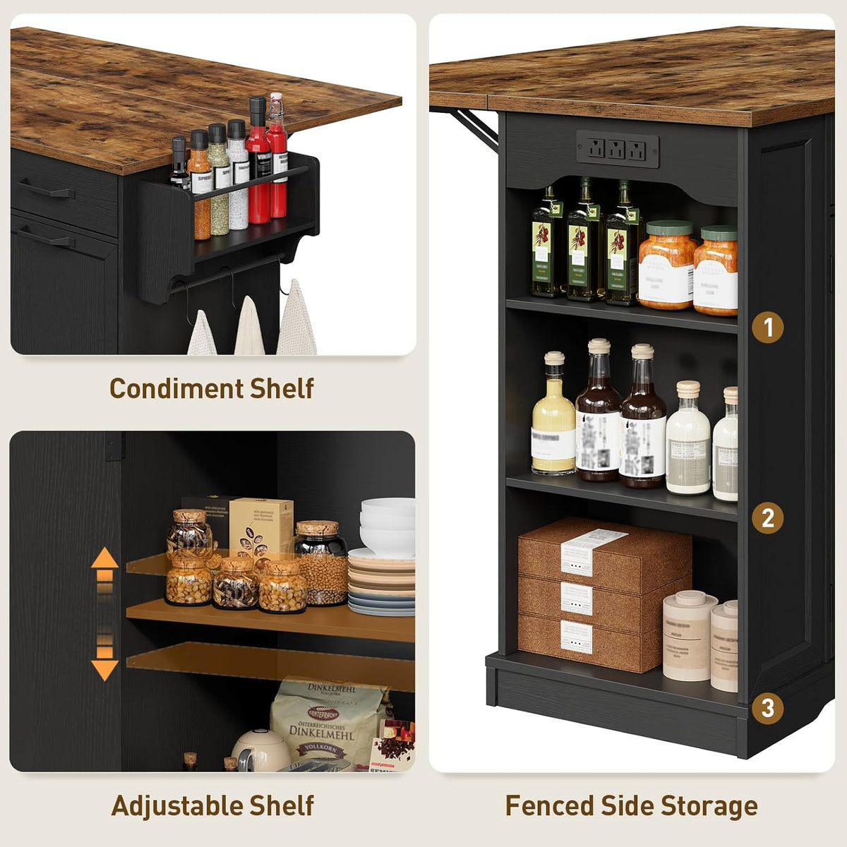 Kitchen Island with Power Outlet & Drop Leaf, Rolling Storage Cart with Trash Storage Cabinet