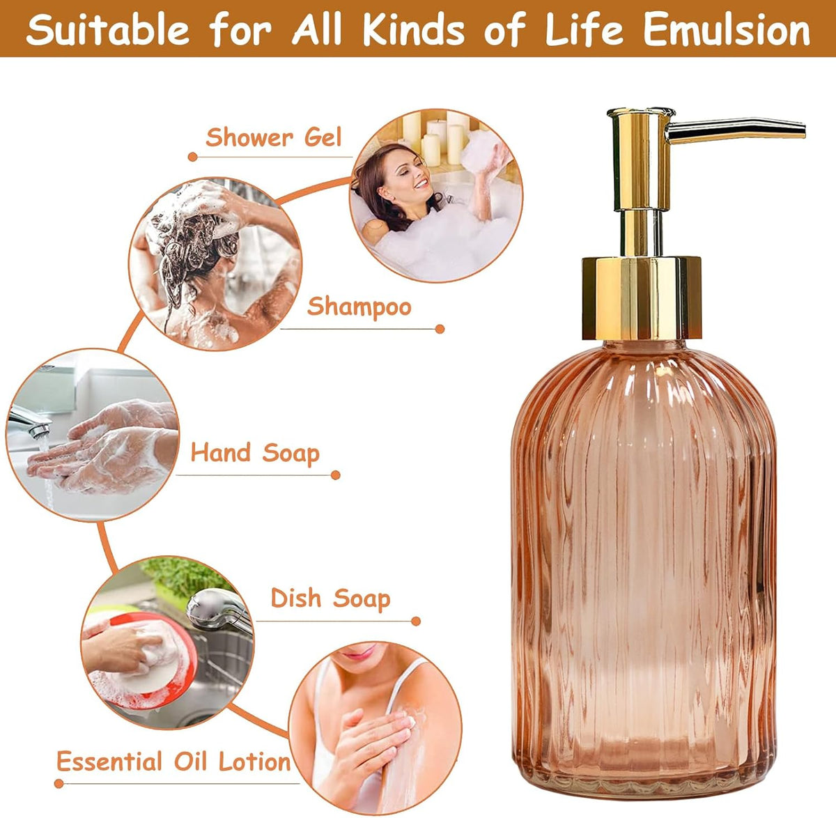 Glass Soap Dispenser with Gold Plastic Pump, 13.5oz Refillable Liquid Hand Soap Dispenser, Crystal