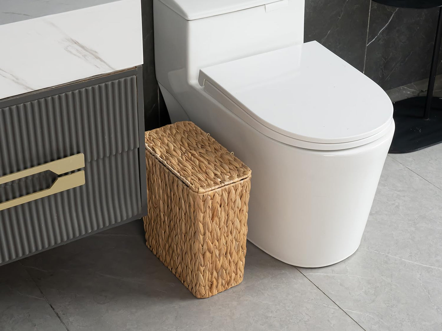 3 Gallon Wicker Trash Can,Small Bathroom Trash Can with Lid,Natural Water Hyacinth Wicker Waste