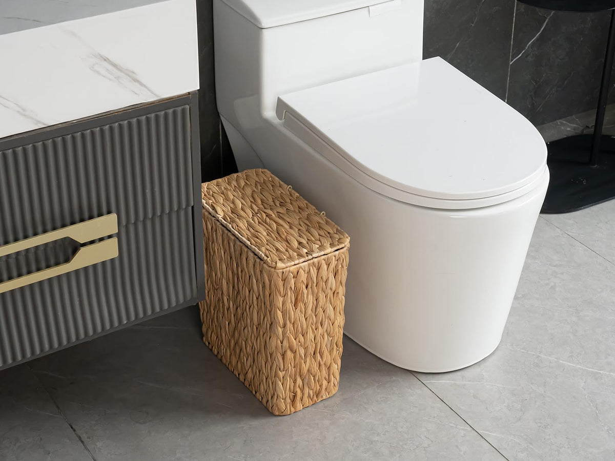 3 Gallon Wicker Trash Can,Small Bathroom Trash Can with Lid,Natural Water Hyacinth Wicker Waste