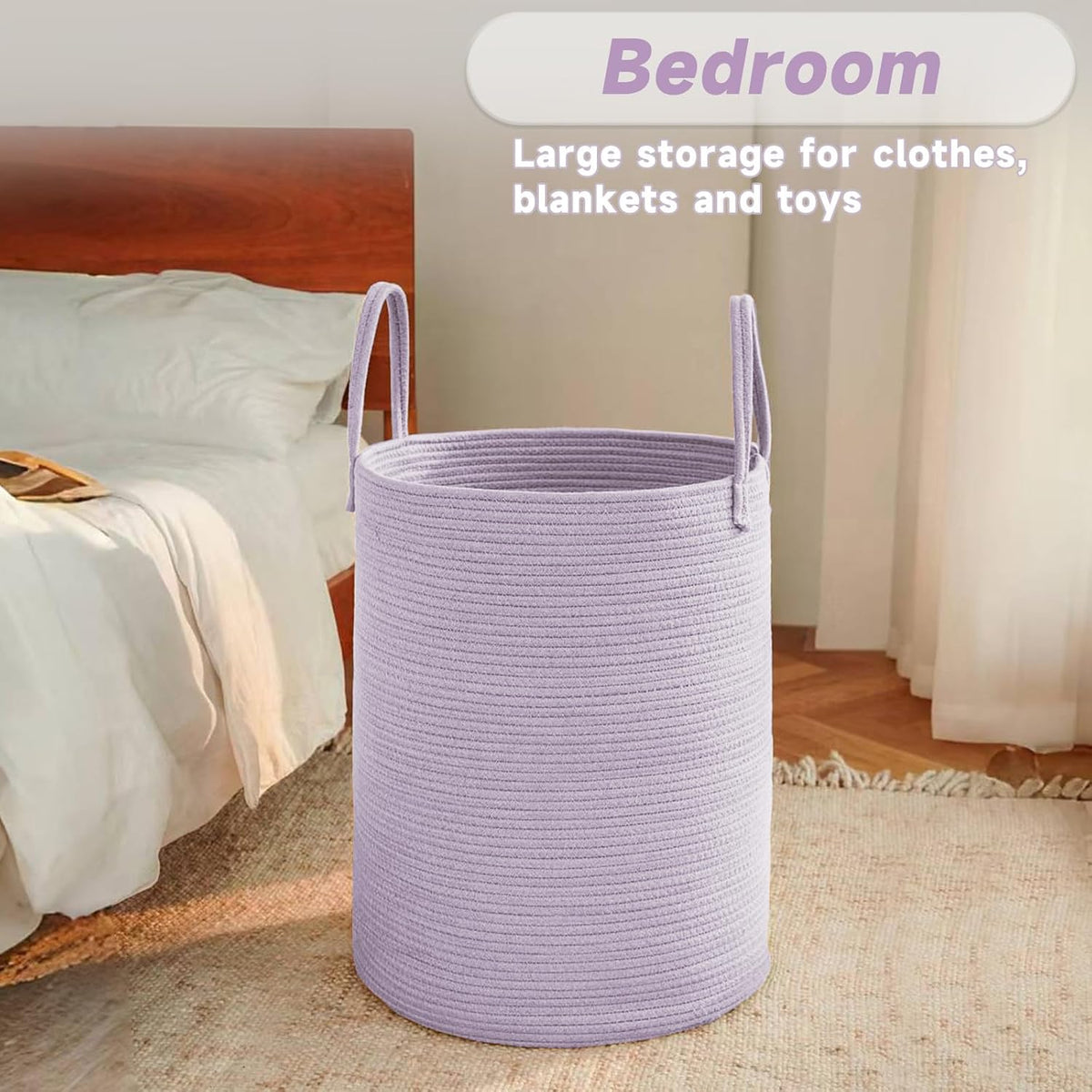 Large Woven Laundry Basket Hamper,60L Cotton Rope Storage Bin for Blankets,Toys and