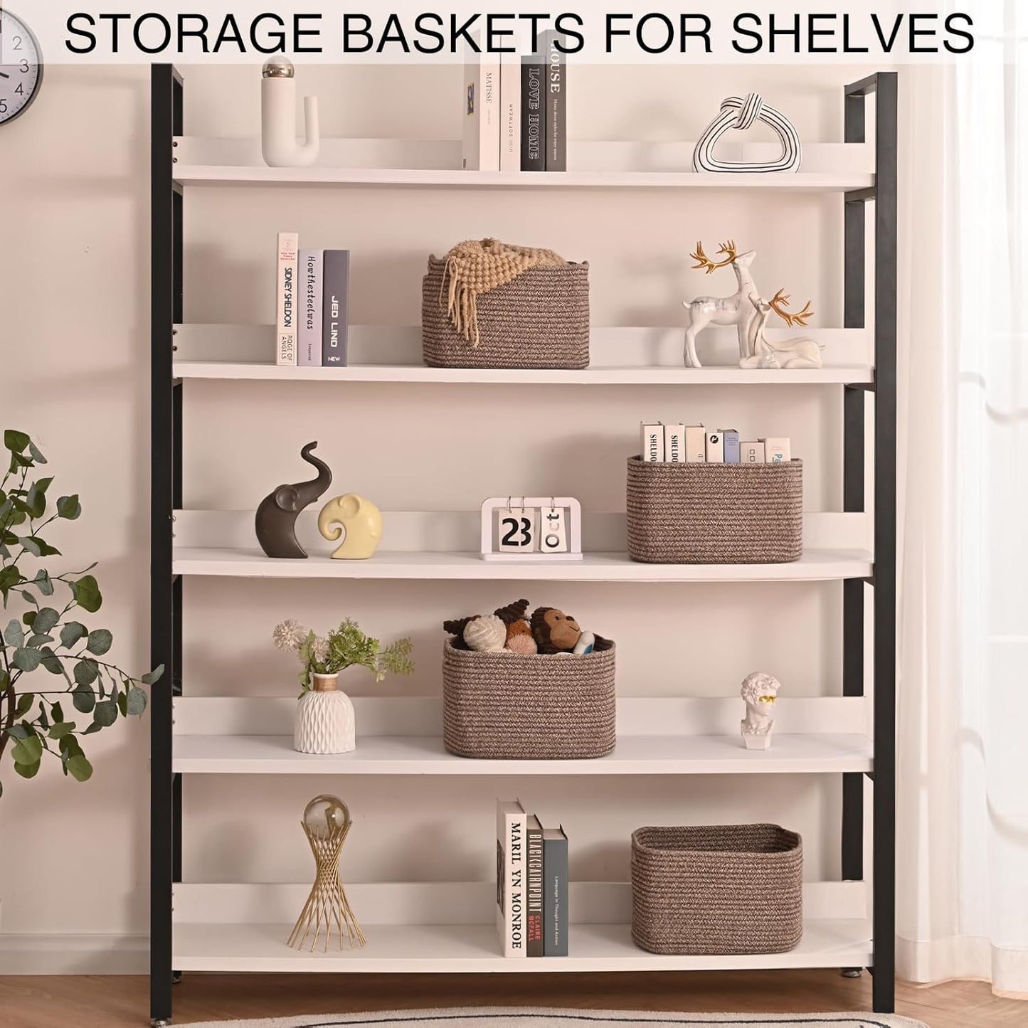Small Storage Baskets for Organizing Shelves, Cotton Rope Basket for Storage, Cute Rectangular Book