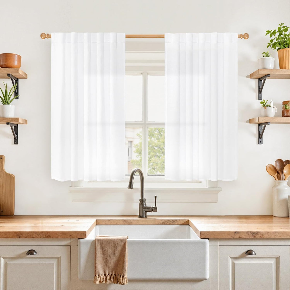 YoungsTex 40 Inch Length White Linen Curtains for Kitchen Window, Rod Pocket Short Semi Sheer