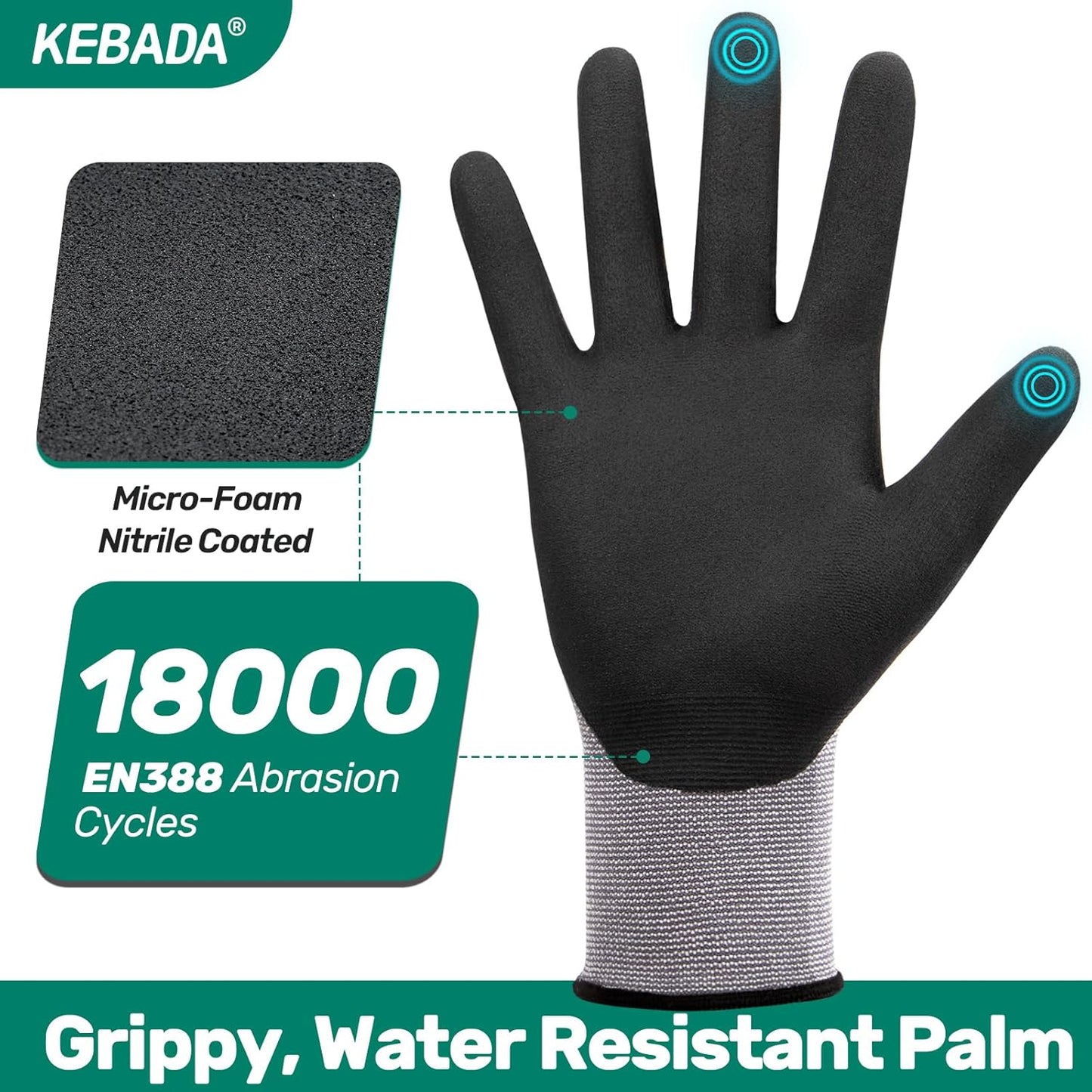 Kebada W2 Work Gloves for Men and Women, Nitrile Coated Working Gloves for Gardening, Construction