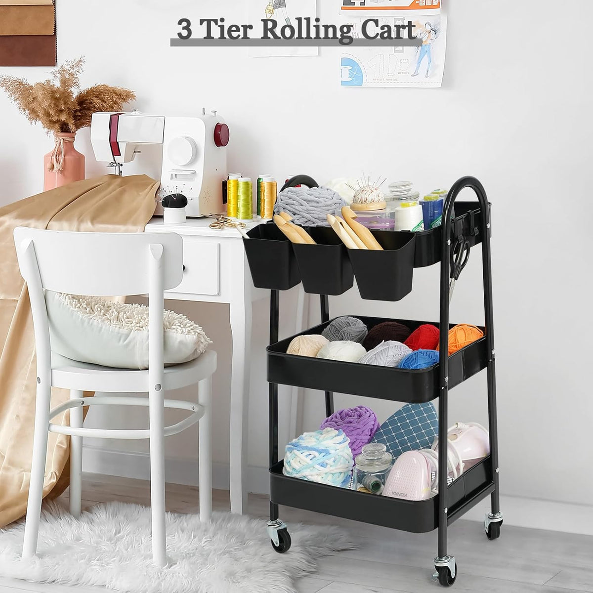 danpinera 3-Tier Rolling Cart, Metal Rolling Storage Cart with Lockable Wheels & Hanging Cups &