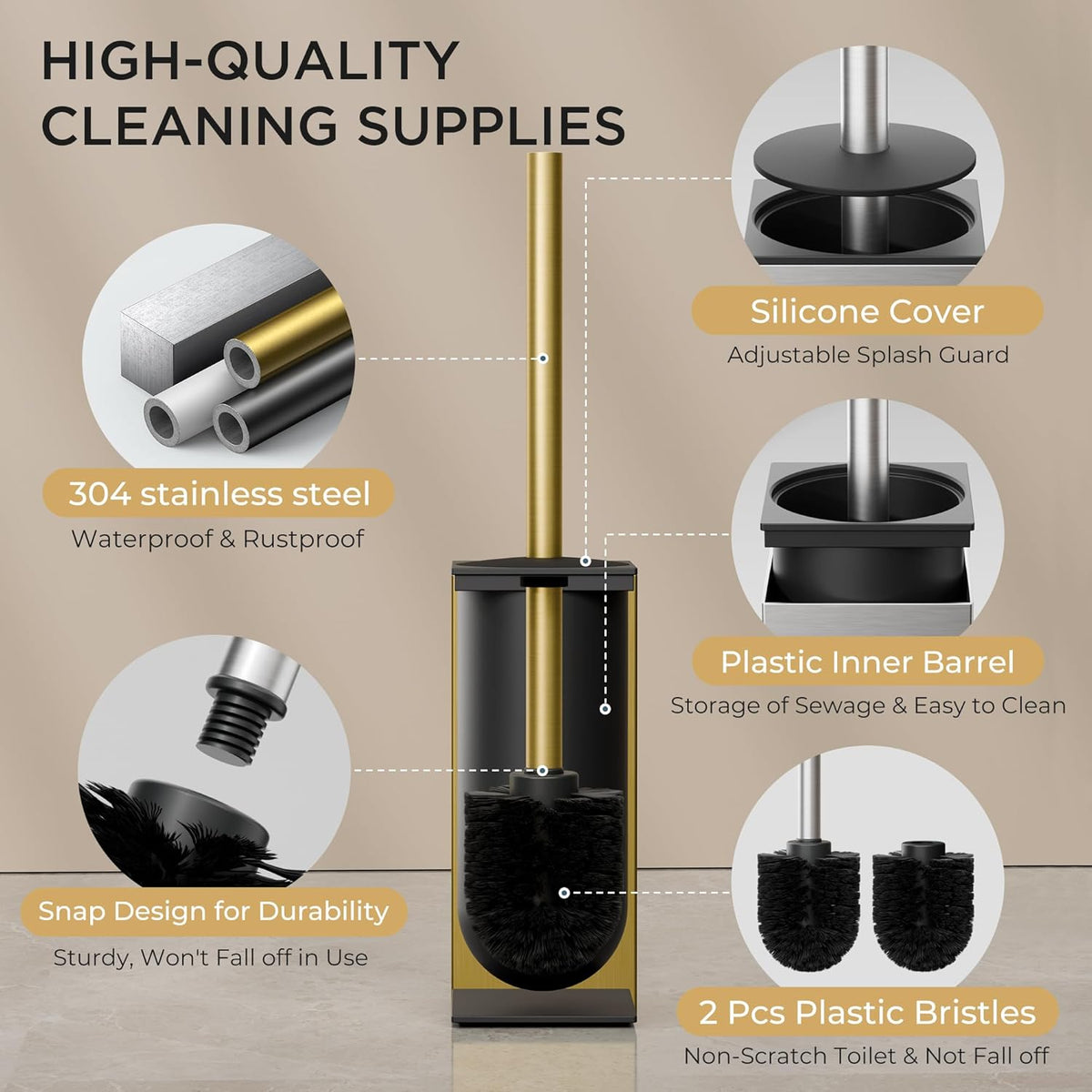 FORIOUS Toilet Brush and Holder Set, Heavy Duty 304 Stainless Steel Base Square and Long Handle for