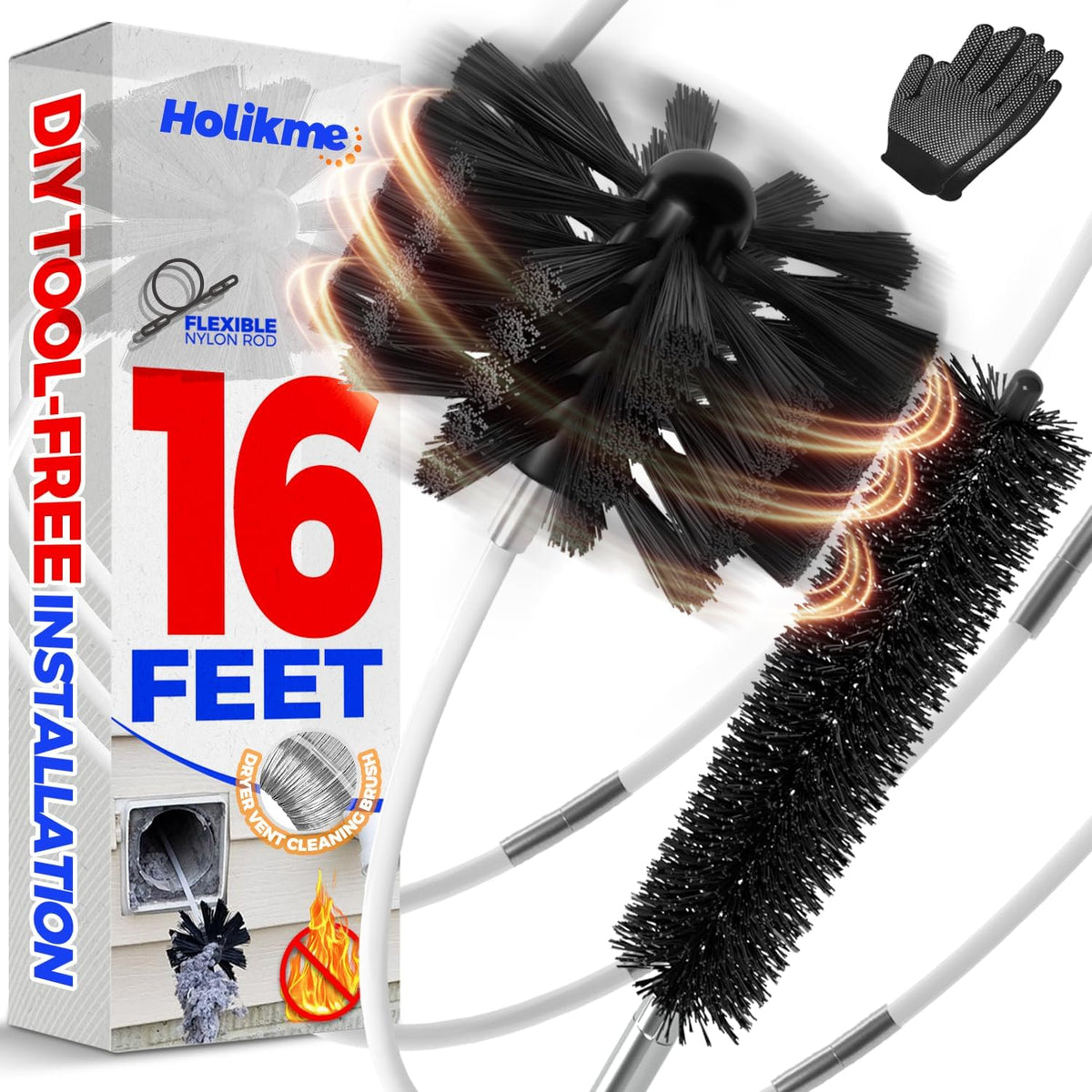 Holikme 16 Feet Dryer Vent Cleaner Kit, Lint Remover,Fireplace Chimney Brushes, Extends Up to 16
