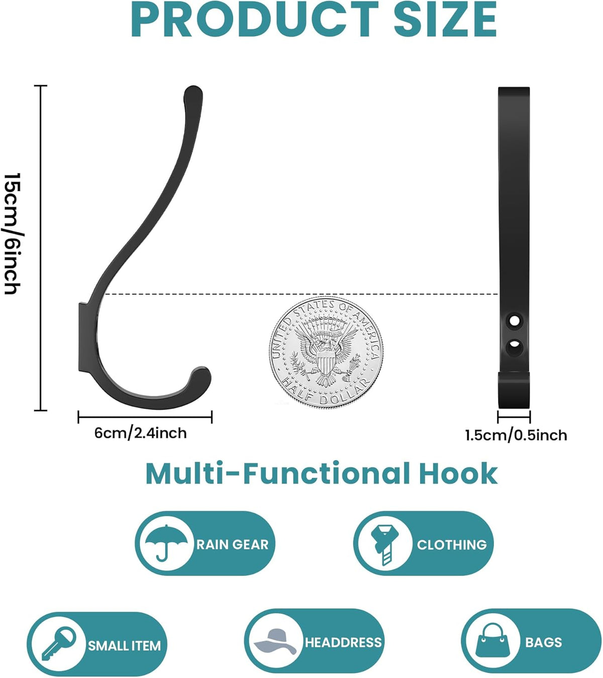 6-Pack Heavy Duty Coat Hooks for Wall Mount - Durable Wall-Mounted Hooks for Hanging Coats