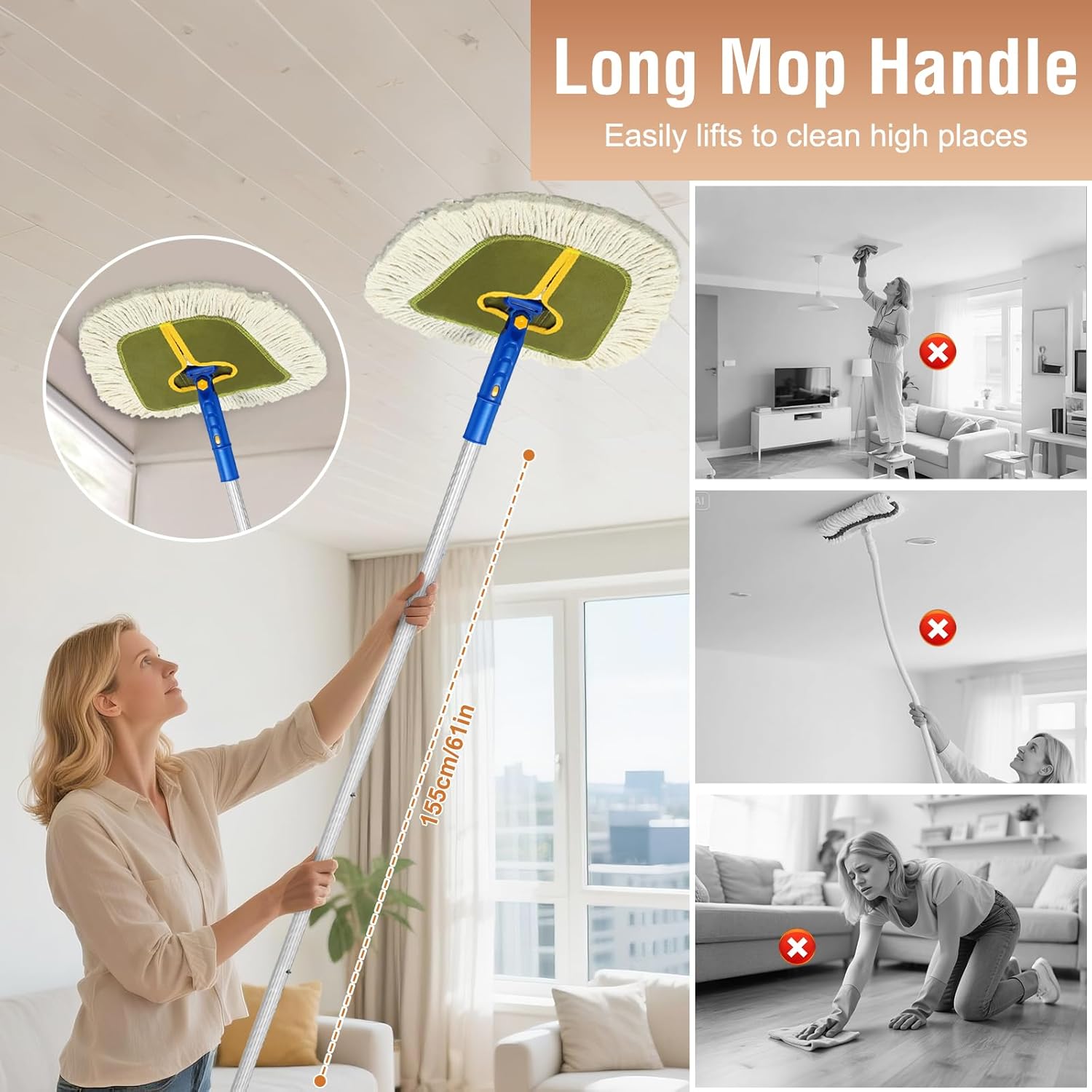Commercial Dust Mop for Hardwood Floors, Industrial Dry Mops with Replacement Wedge Cotton Mop Pads