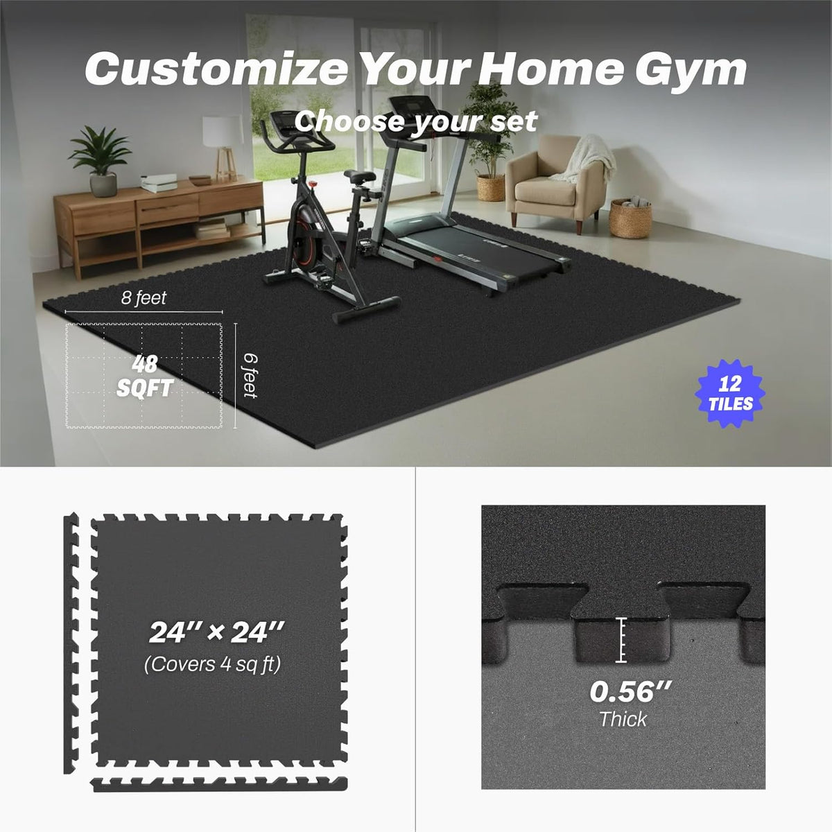 AIRHOP 0.56in Thick 48 Sq Ft Exercise Equipment Mats, 12 Tiles Upgraded Rubber Top with High