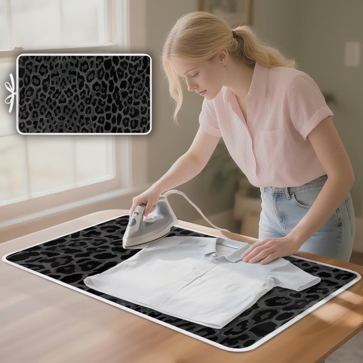 Black Ironing Mat Portable Leopard Print Ironing Pad for Steam Pressing on Tabletop or Bed,Heat