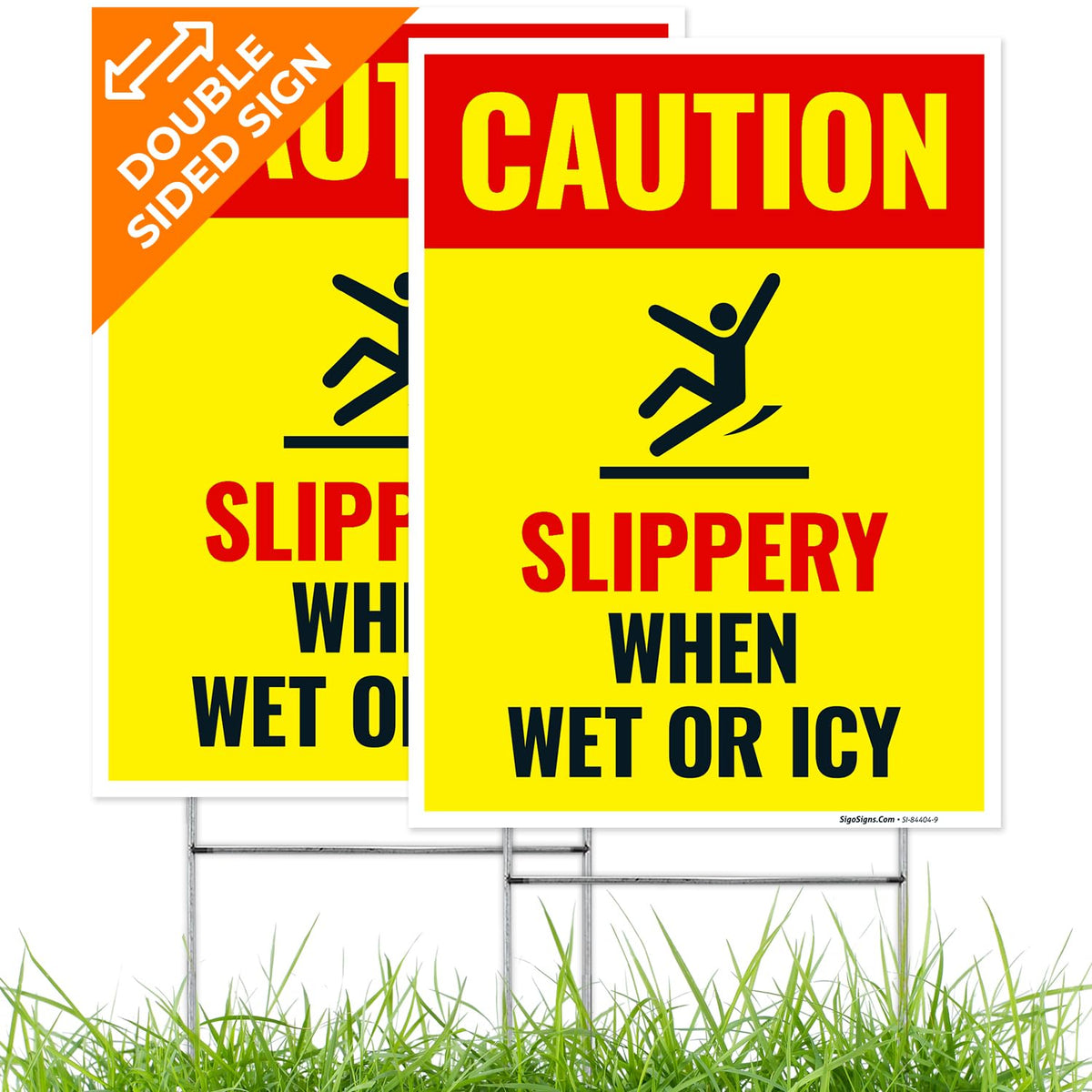 Caution Slippery When Wet or ICY Sign, (SI-84404) (2 Pack) Double Sided 9x12 Inches, Corrugated