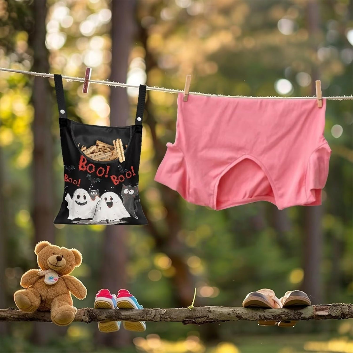 Cute Ghost Clothespin Bag Laundry Hanging Storage Organizer with Rope Clothespin Holder with an
