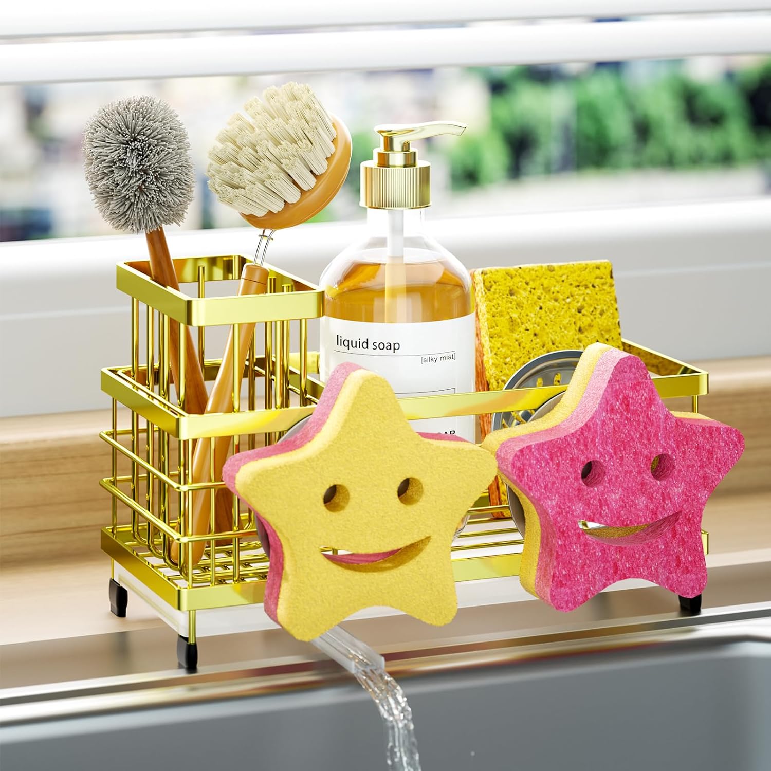 HapiRm Sink Caddy Sponge Holder - Self-draining Kitchen Sink Organizer with Smiley Face and Brush