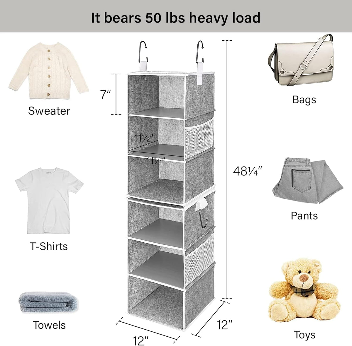 StorageWorks 6-Shelf Closet Organizers, Two 3-Shelf Separable Hanging Shelves for Closet, 12" D x