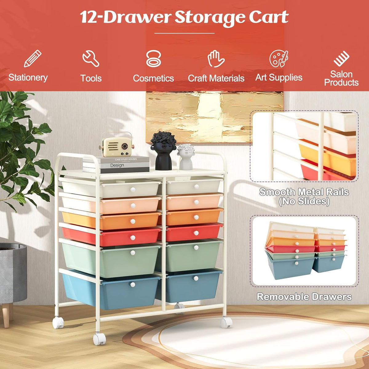 GOFLAME 12-Drawer Rolling Storage Cart, Multipurpose Organizer with 2 Sizes Plastic Drawers, Mobile