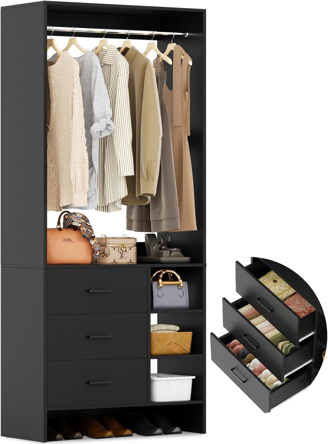 Aheaplus 2.5FT Closet System with 3 Drawers, 29.5’’ Closet Organizer, Wood Closet Organizer System