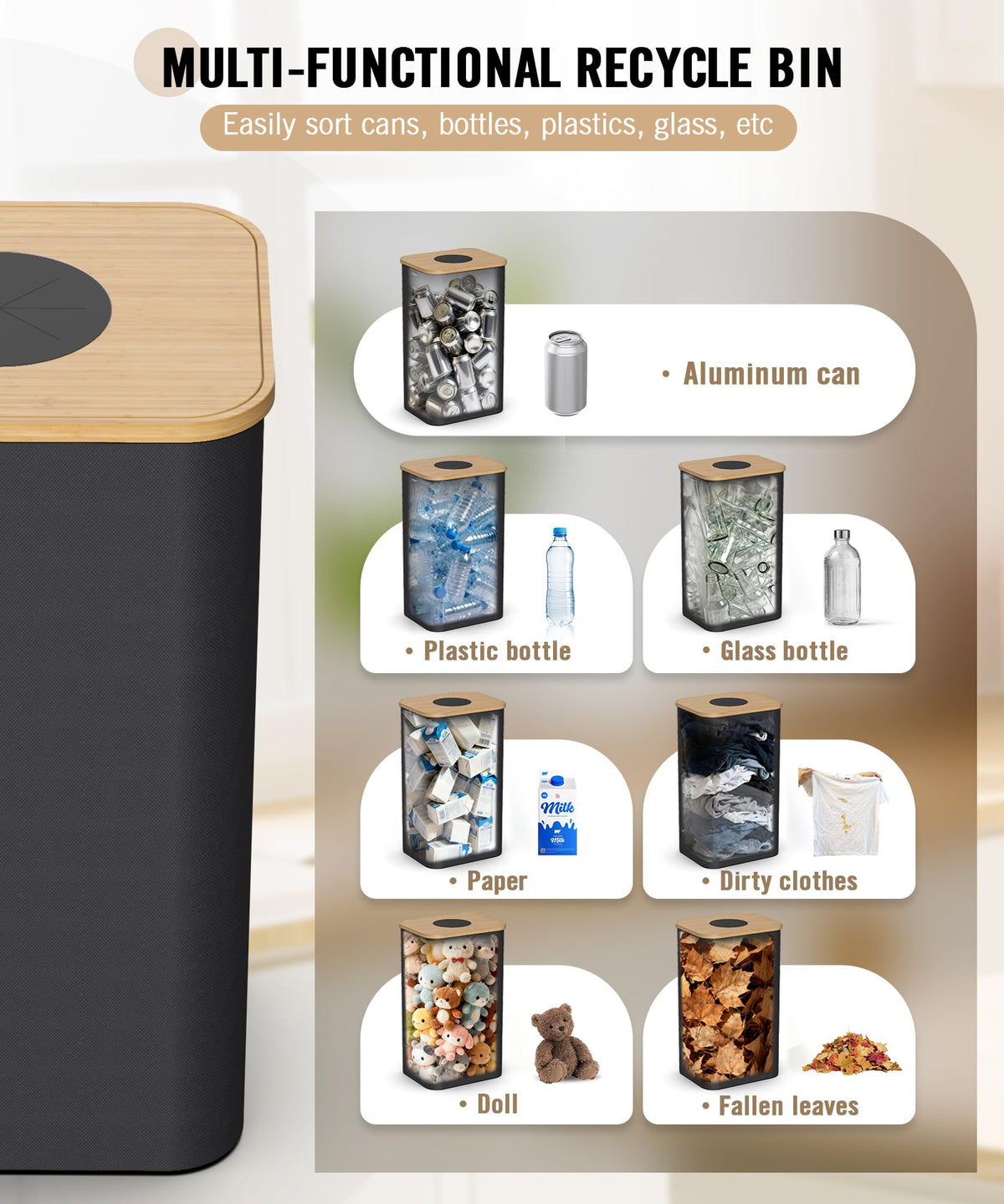 26 Gallon (100L) Recycling Bins for Kitchen with Bamboo lid, Black