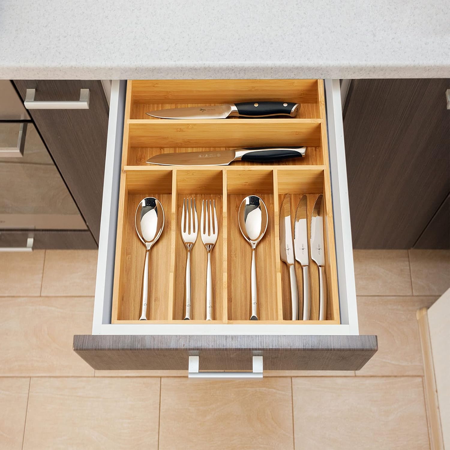 Umilife Kitchen Drawer Organizer, 12 Inch Silverware Utensil Tray Holder, Extra Deep, with Non-Slip
