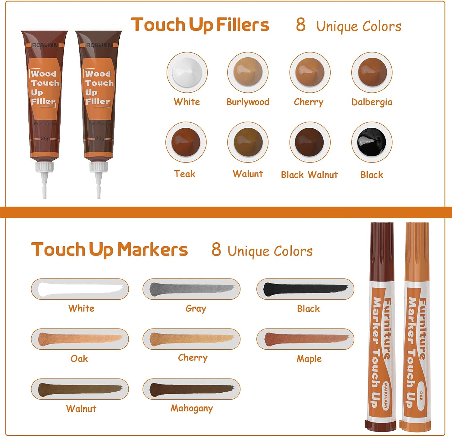 REALINN Wood Furniture Repair Kit 8 Dark Colors- Wood Fillers and Touch Up Markers, Repair Scratch