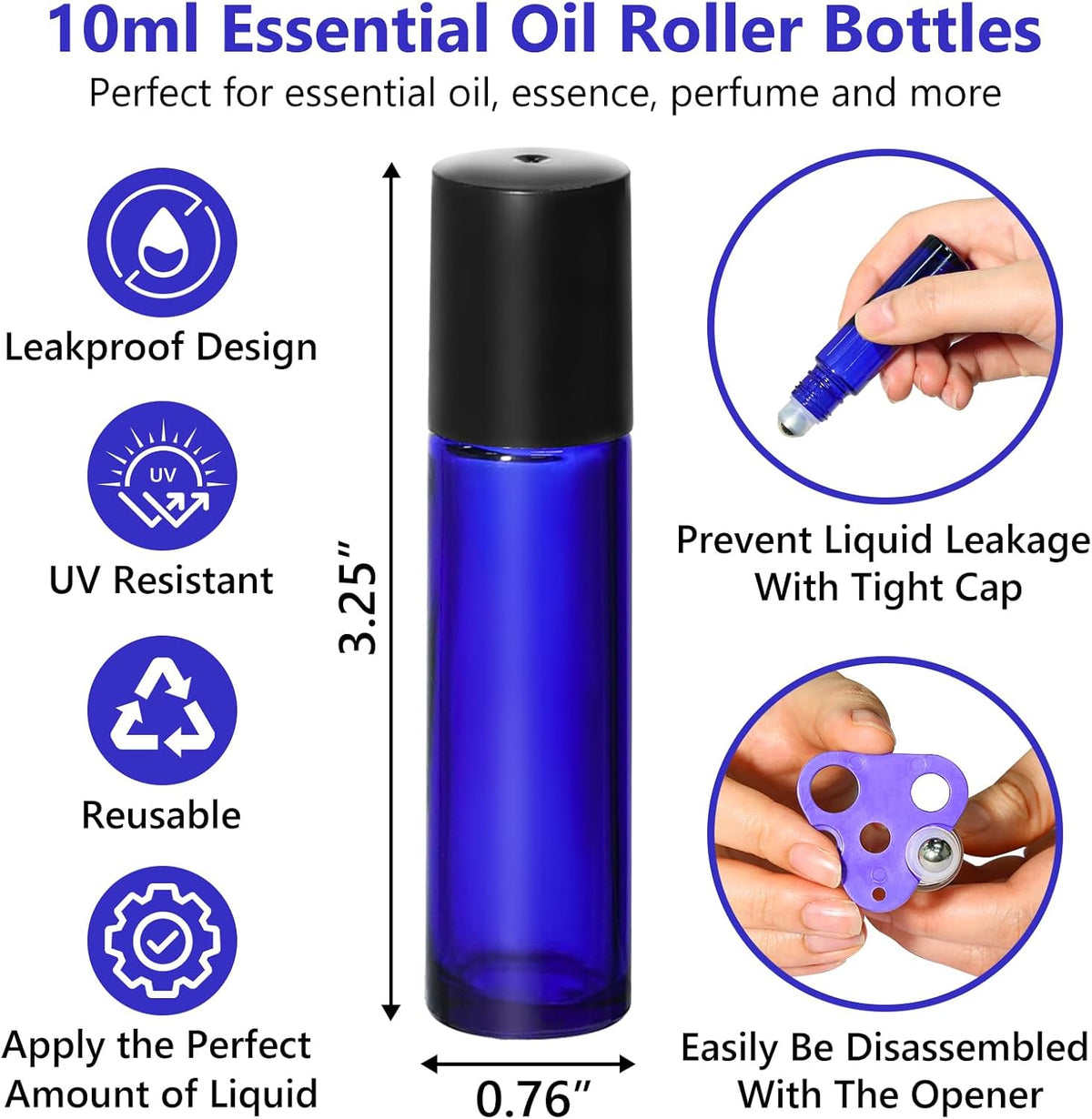 KEYWING 54 Pack Blue Essential Oil Roller Bottles – 10ml Glass Roll-On Bottles with Stainless Steel