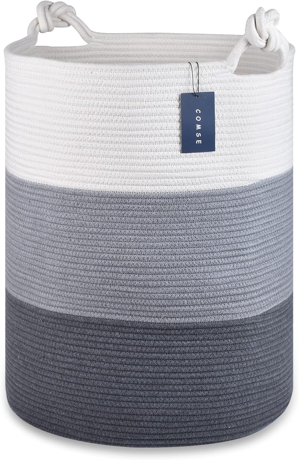 COMSE Laundry Hamper, Extra Large 15.7"x 21.7", Cotton Rope Basket, Portable, White & Light Gray &