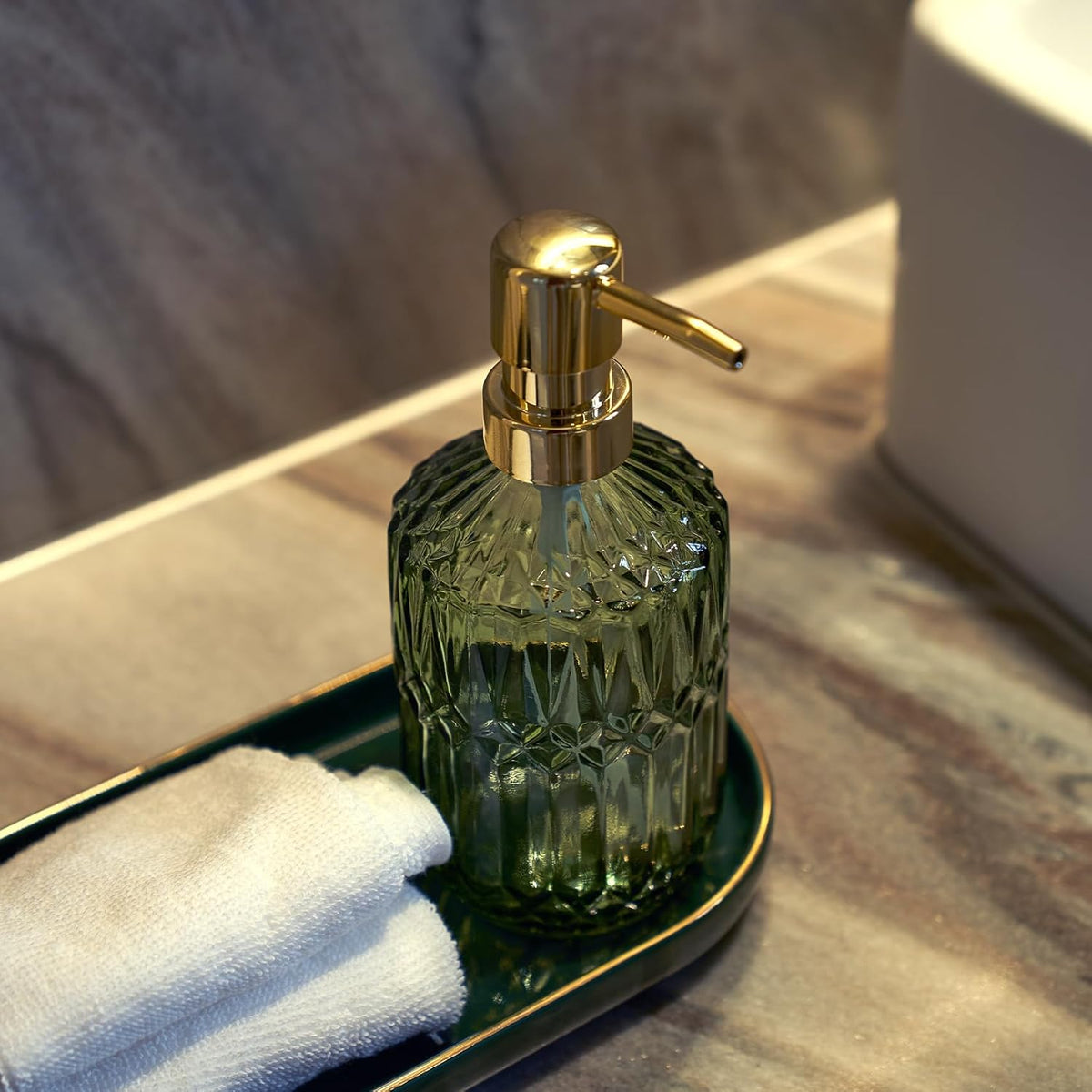 Glass Soap Dispenser Green Bottle Gold Plastic Pump Refillable Kitchen Sink Countertop Hand Dish