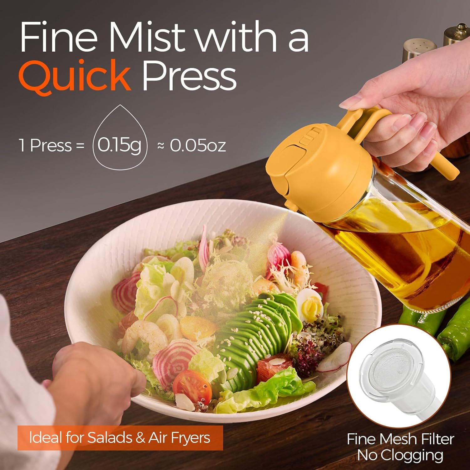 YARRAMATE 16oz/470ml Glass Olive Oil Sprayer for Cooking with Stickers, 2 in 1 Oil Dispenser for