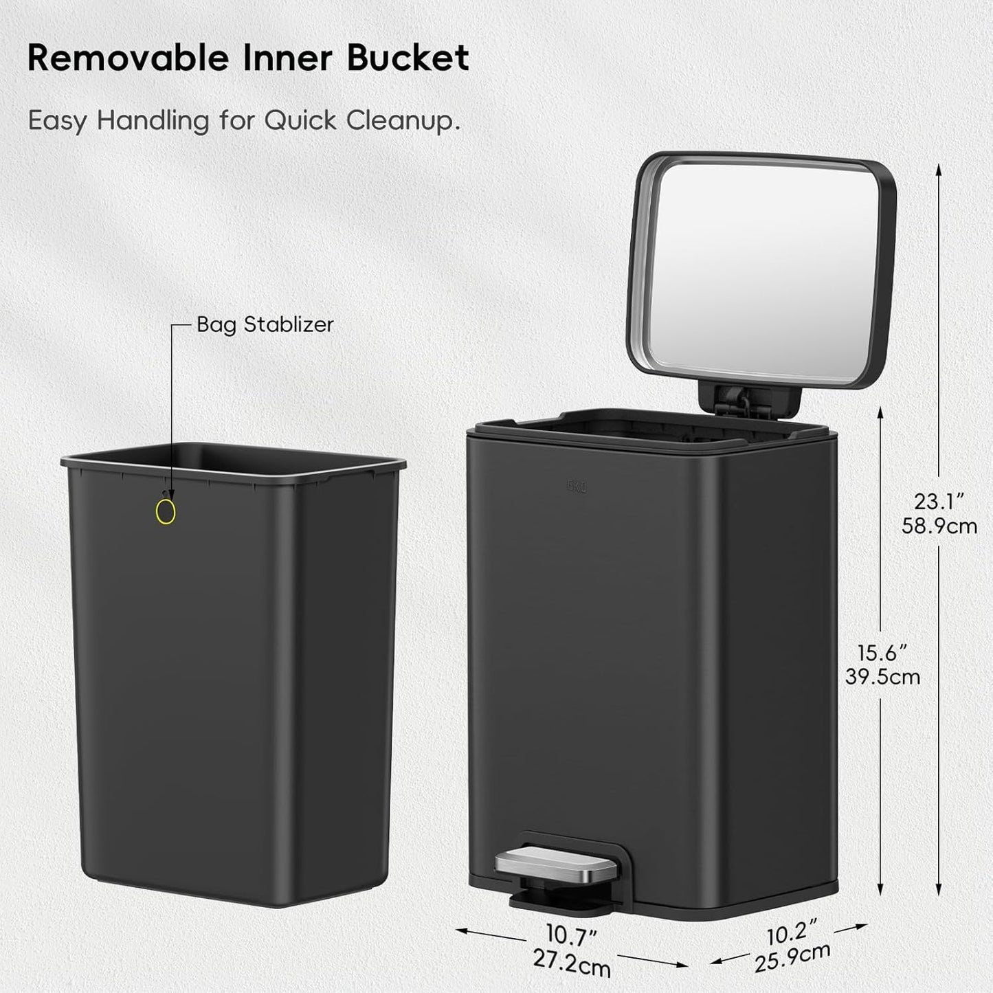 EKO Madison Matte Black 12L / 3.2 Gal Bathroom Trash Can with Lid and Removable Inner Basket
