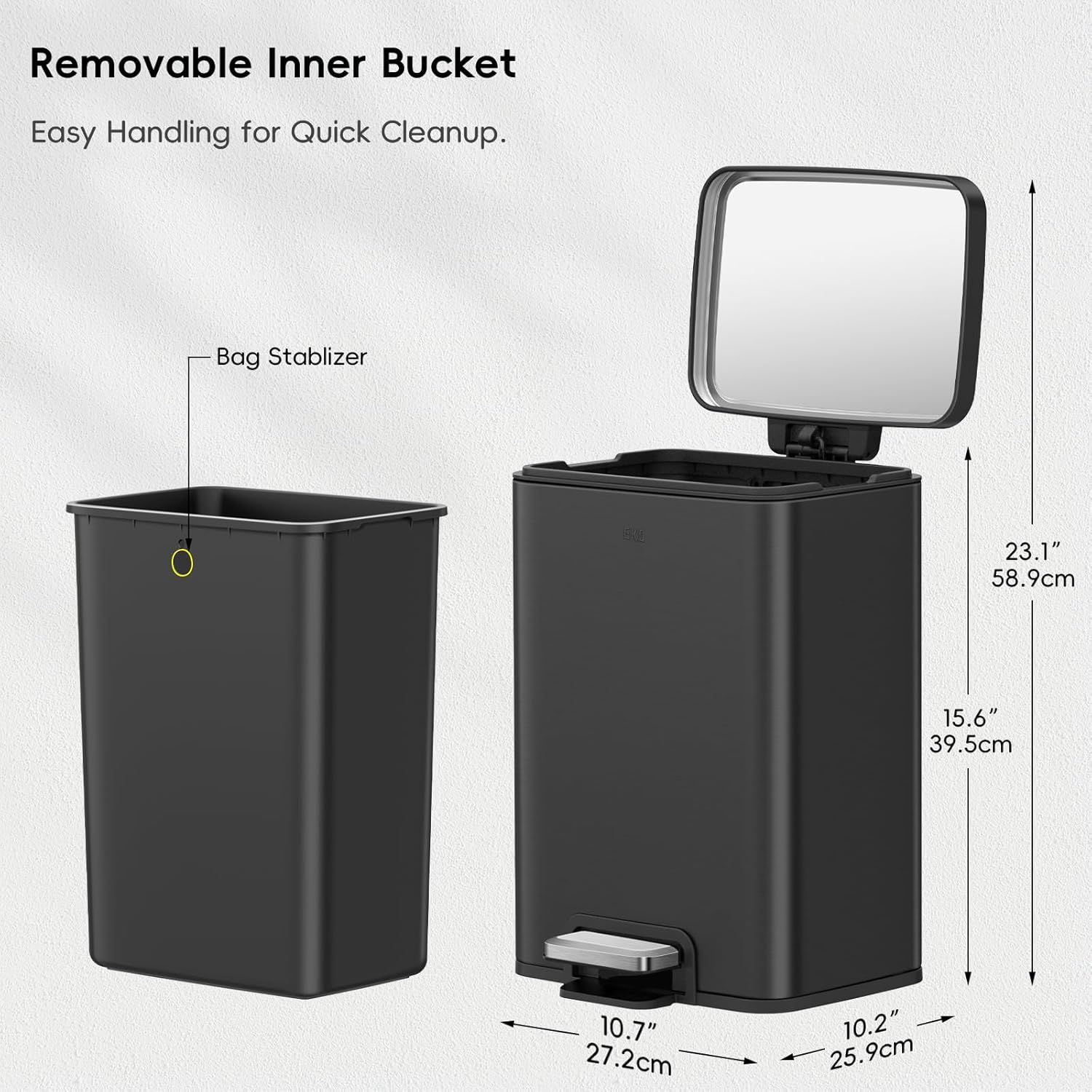 EKO Madison Matte Black 12L / 3.2 Gal Bathroom Trash Can with Lid and Removable Inner Basket