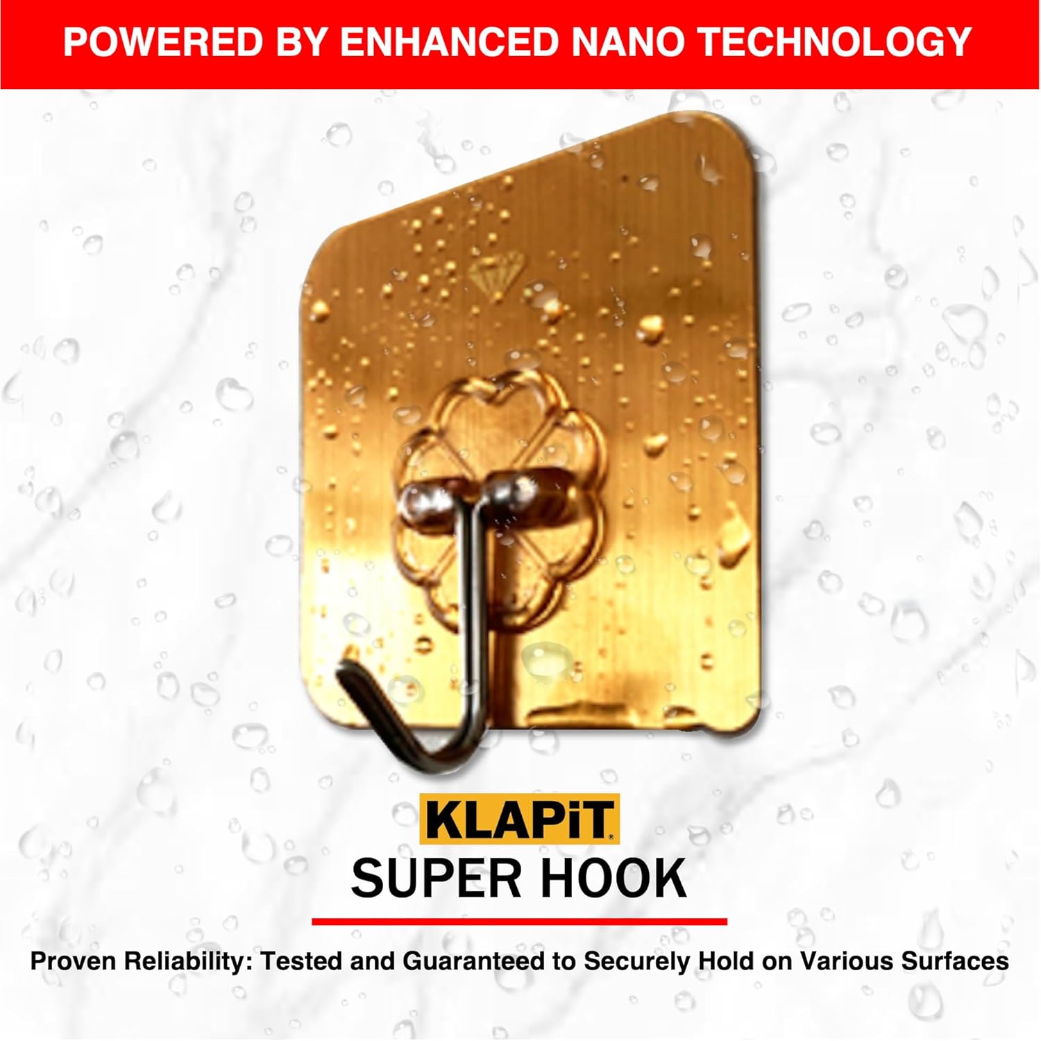 KLAPiT Super Hook - Heavy-Duty Adhesive Gold Wall Hooks, Holds Up to 11 lbs, Waterproof, No Damage