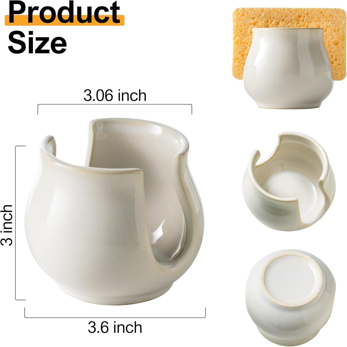 Sponge Holder for Kitchen Sink Counter, Ceramic Dish Sponge Caddy White Sink Organizer Dish Rack