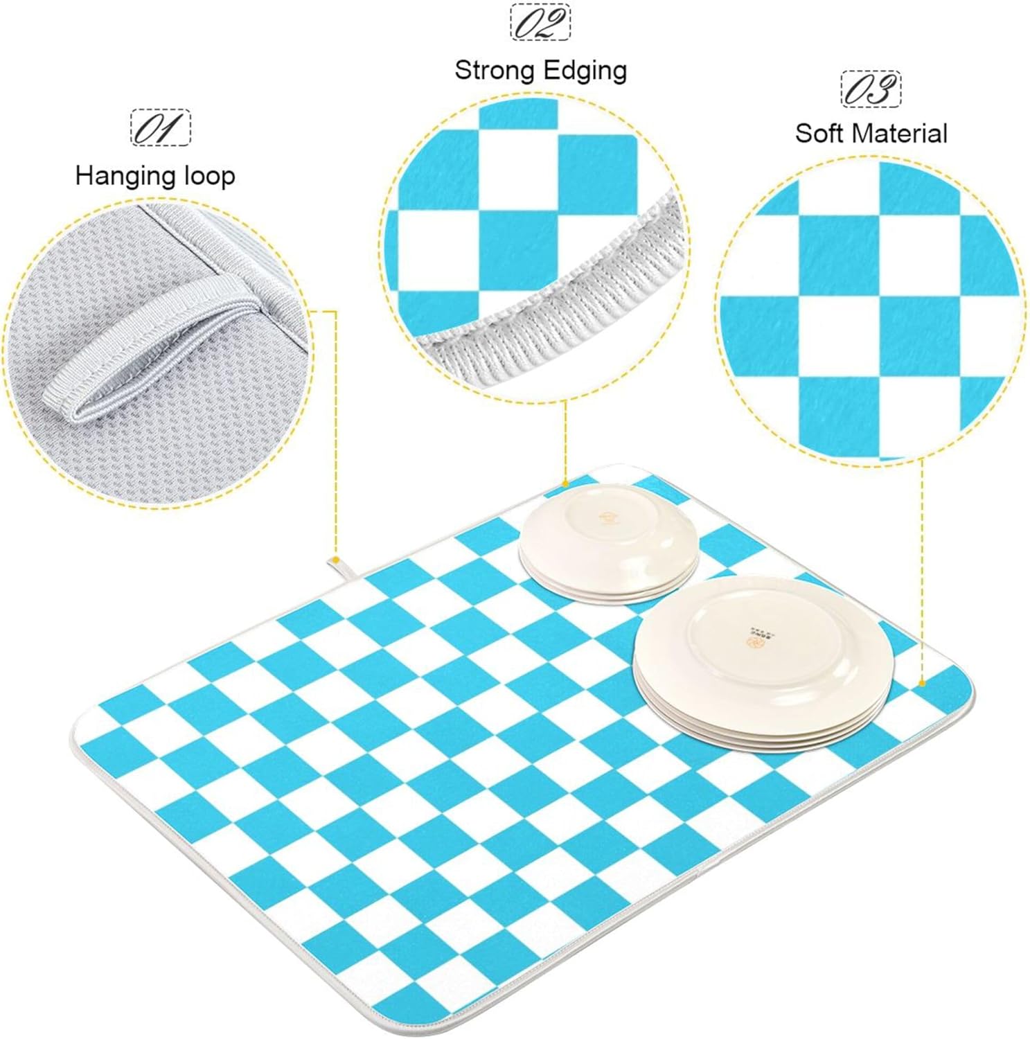 Turquoise Chessboard Dish Drying Mat for Kitchen Countertop 16x18 Teal Plaid Checkered Rectangle