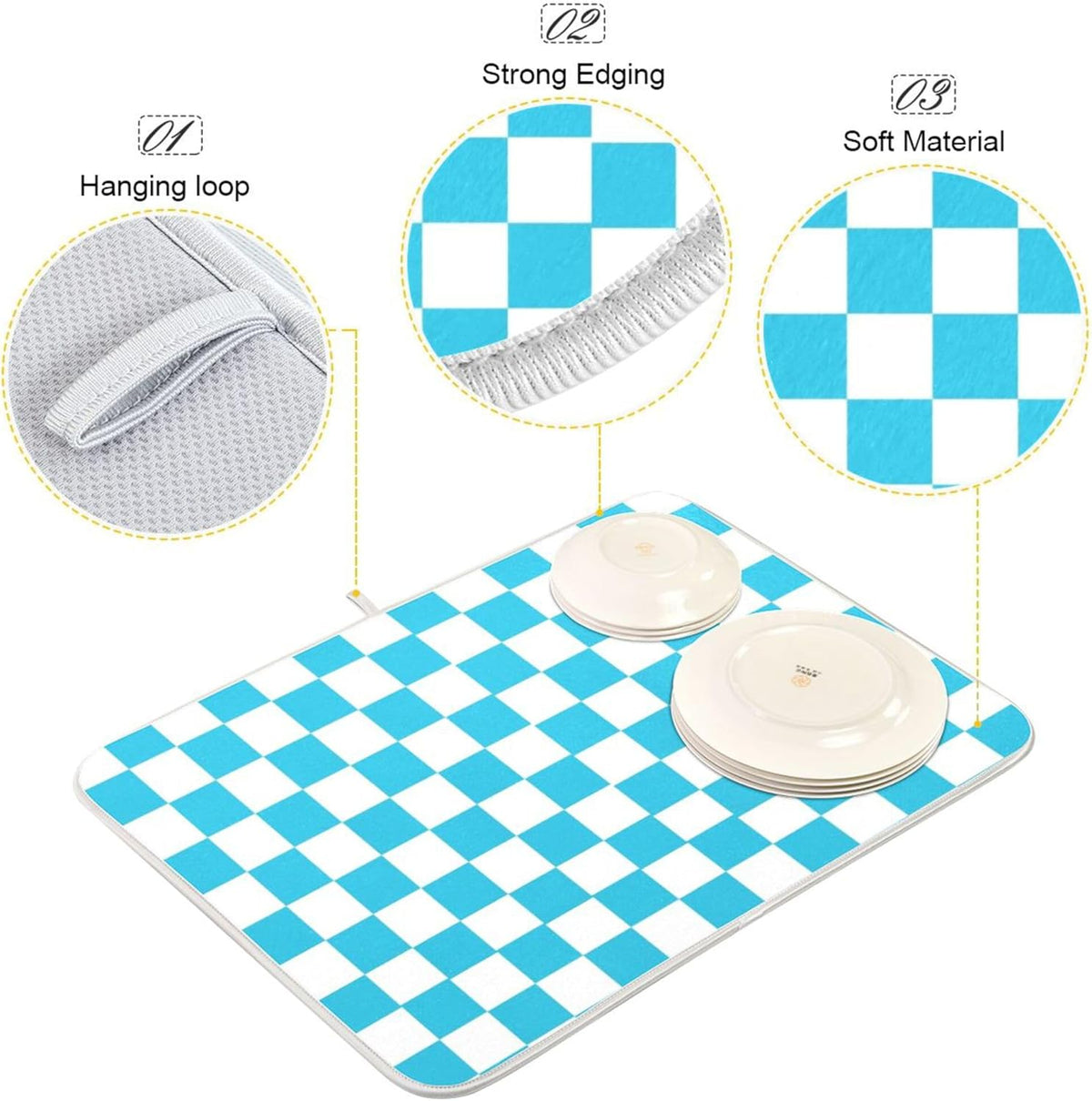 Turquoise Chessboard Dish Drying Mat for Kitchen Countertop 18x24 Teal Plaid Checkered Rectangle