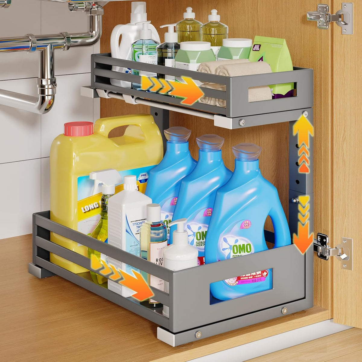 1-Pack Under Sink Organizers and Storage,2-Tier L Shape Pull Out Cabinet Organizer With Round Tube