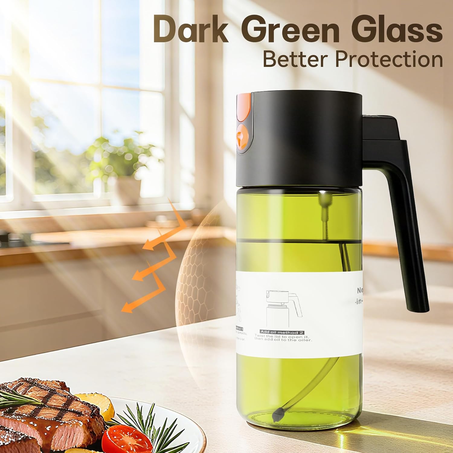 Upgrade 2 in 1 Oil Sprayer for Cooking, 17oz Light-Blocking Glass Olive Oil Dispenser Bottle for