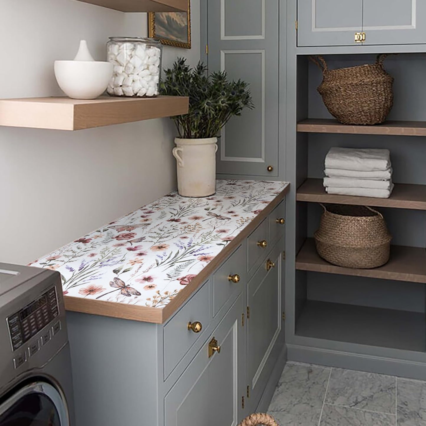 Floral Drawer and Shelf Liner for Kitchen Cabinets,16IN x 20FT Non-Adhesive and Strong Non-Slip