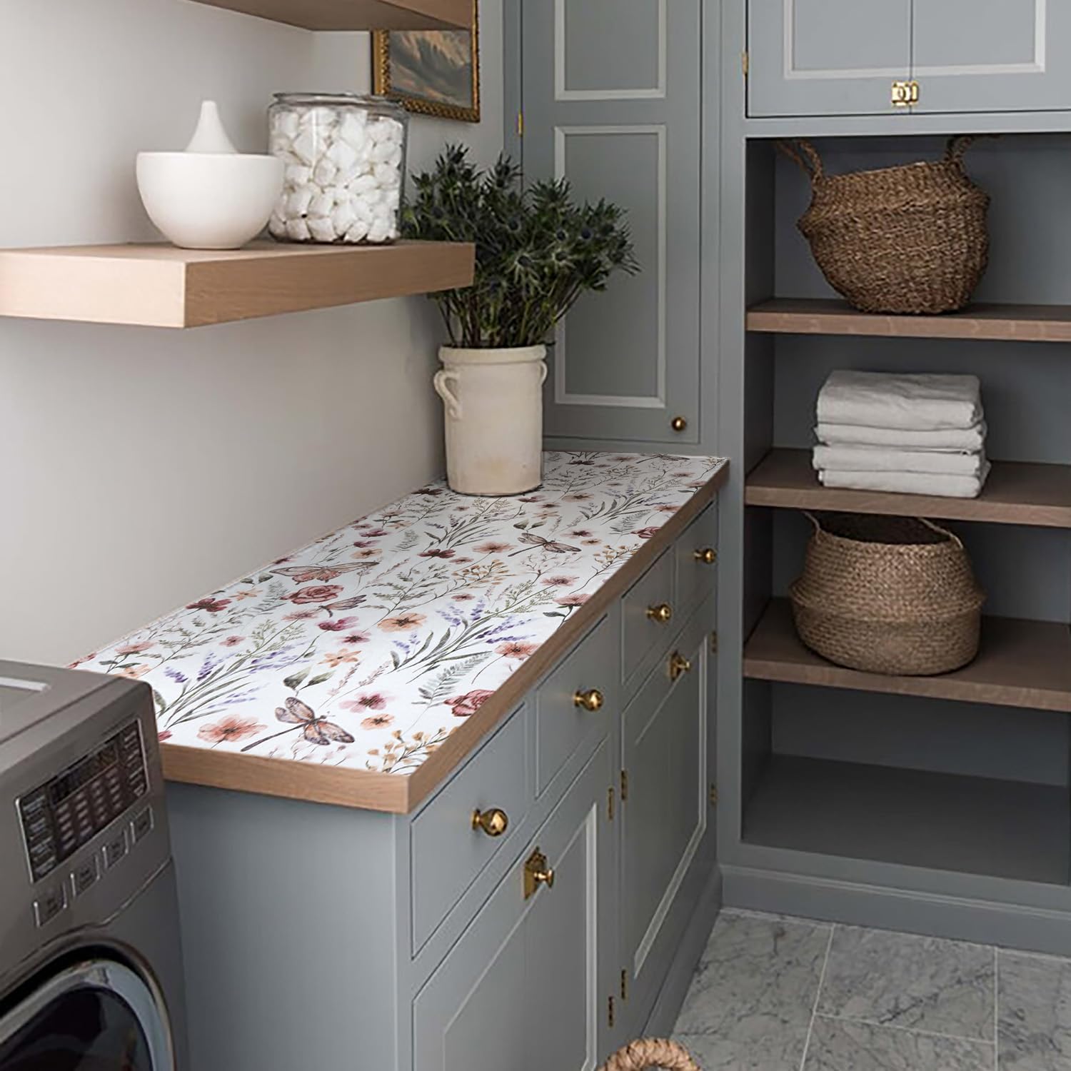 Floral Drawer and Shelf Liner for Kitchen Cabinets,16IN x 20FT Non-Adhesive and Strong Non-Slip