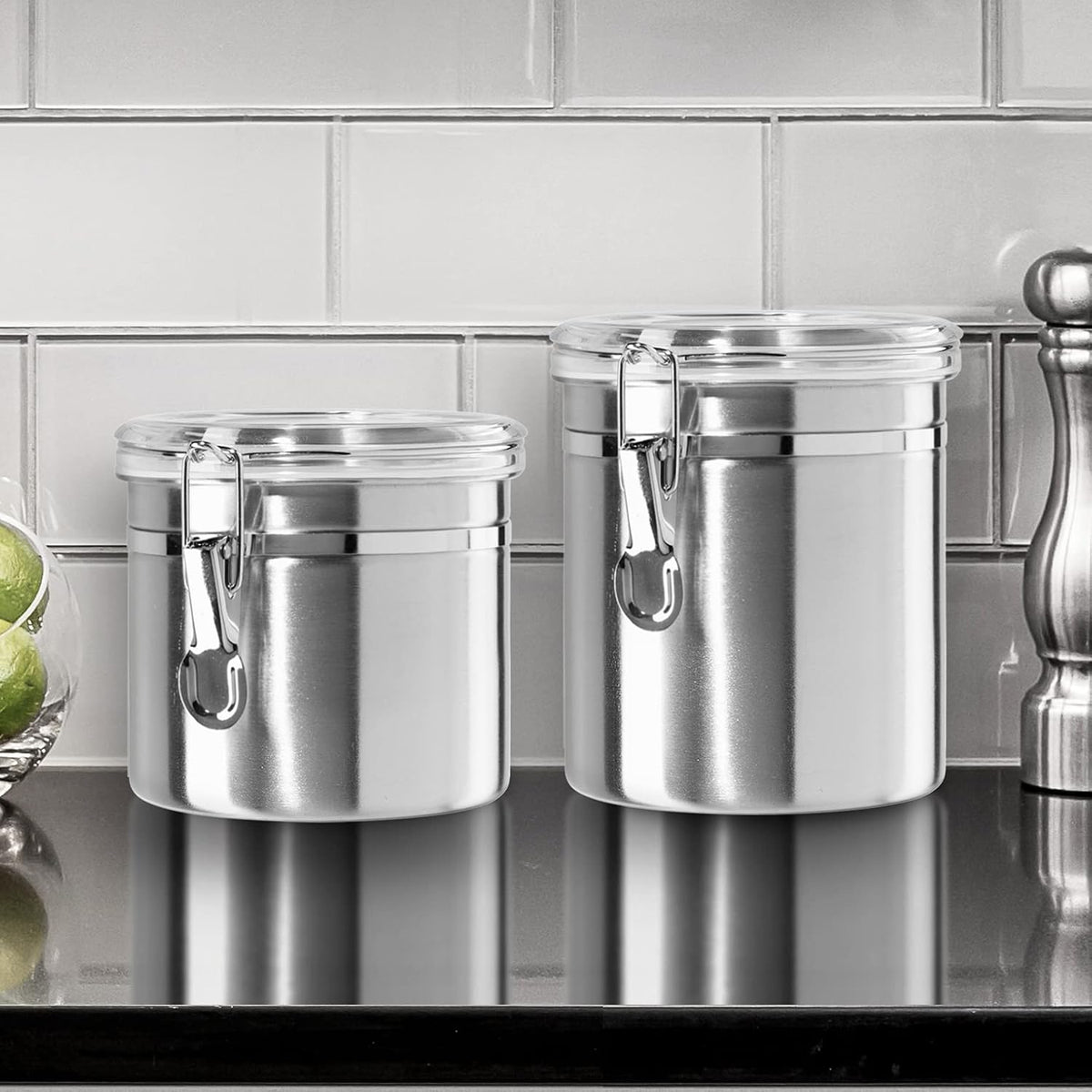 OGGI Stainless Steel Kitchen Canister 26 fl oz - Airtight Clamp Lid, Clear See-Thru Top - Ideal for