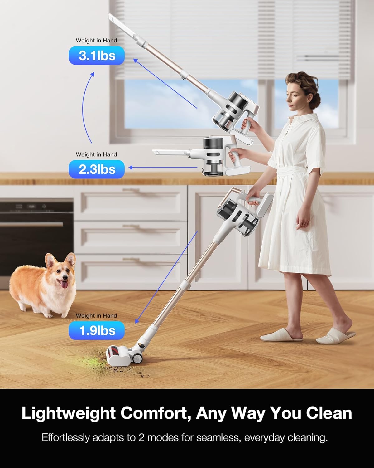 Cordless Stick Vacuum Cleaner for Home, Lightweight Rechargeable Vacuum with 55min Runtime