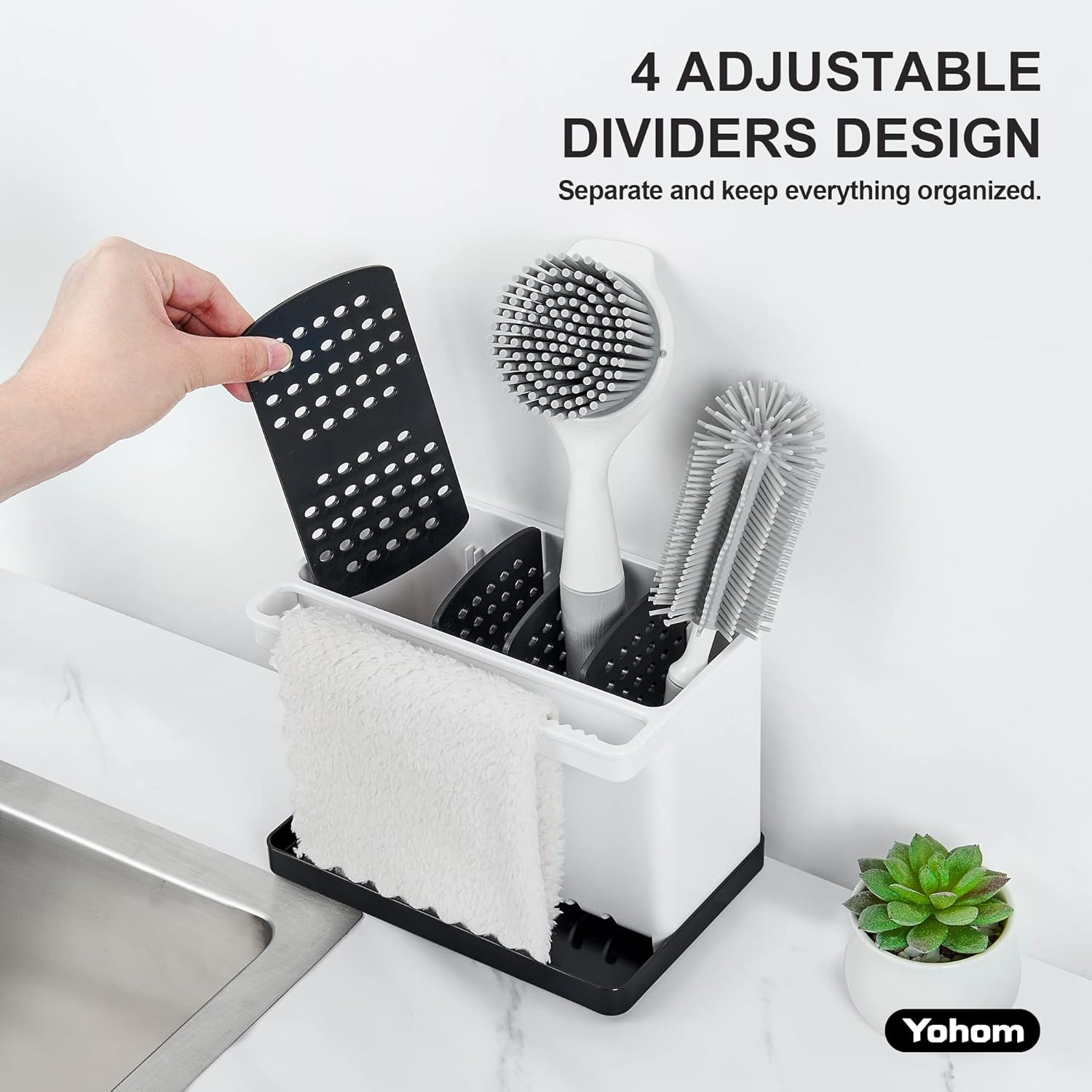 YOHOM Kitchen Sponge Brush Holder for Sink Black Dish Sponge Caddy Countertop Organizer Plastic