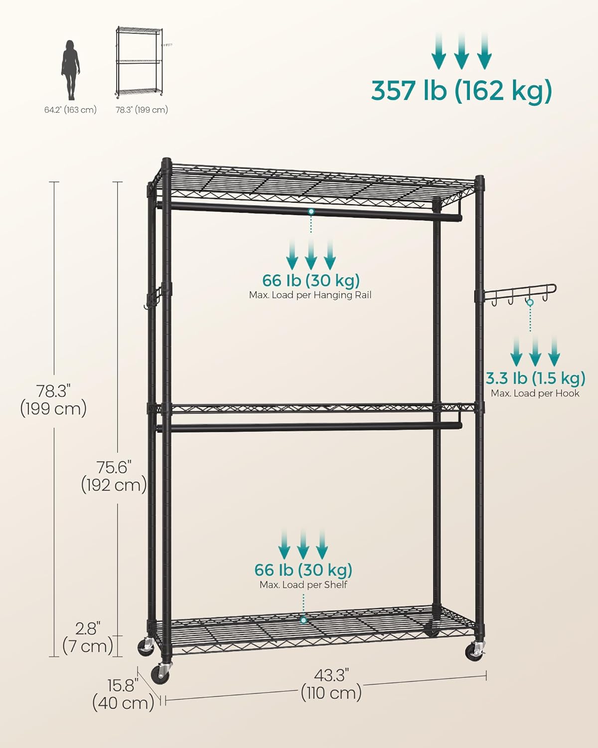 SONGMICS Heavy-Duty Rolling Clothes Rack, Garment Rack, Portable Closet, 43.3-Inch Wide Clothing