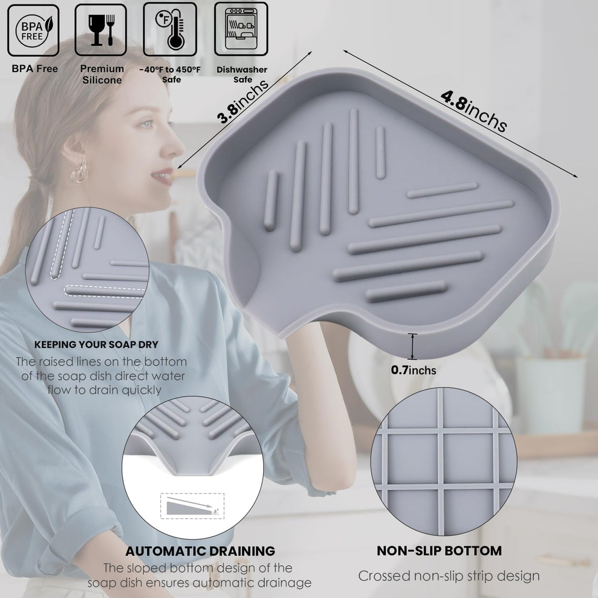 YASMEN 2 Pcs Silicone Soap Dish, Soap Holder with Drain, Sponge Holder for Kitchen Sink, Soap