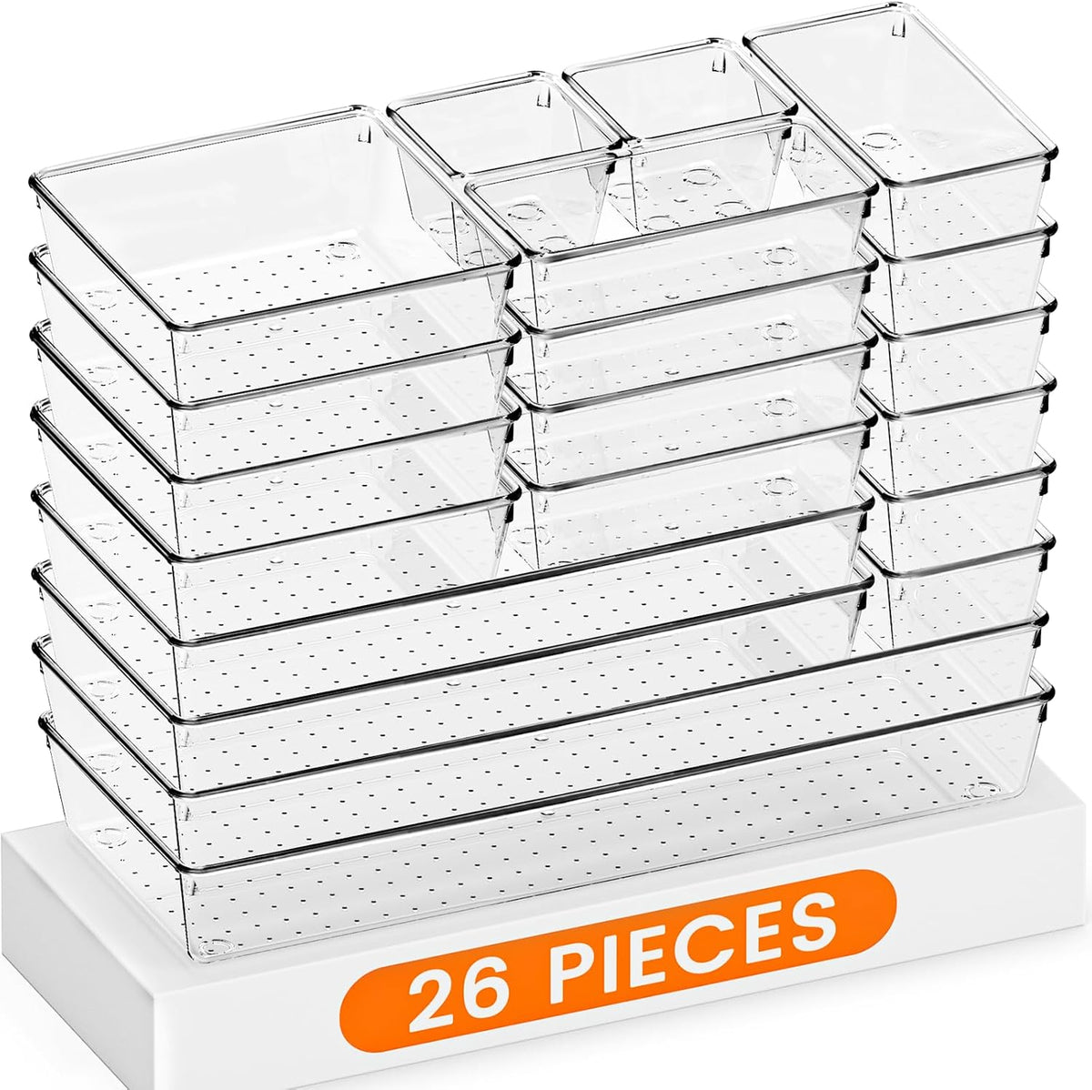 Criusia Drawer Organizer, 26 Pack Clear Plastic Drawer Organizer Bins, Versatile Organization and
