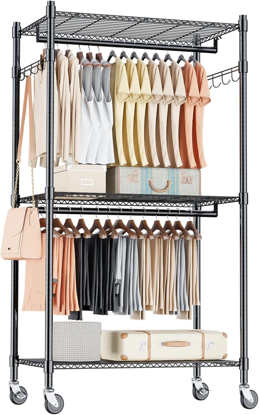 Homdox Heavy Duty Clothing Rack with 3 Tier Adjustable Wire Shelves, Garment Racks for Hanging