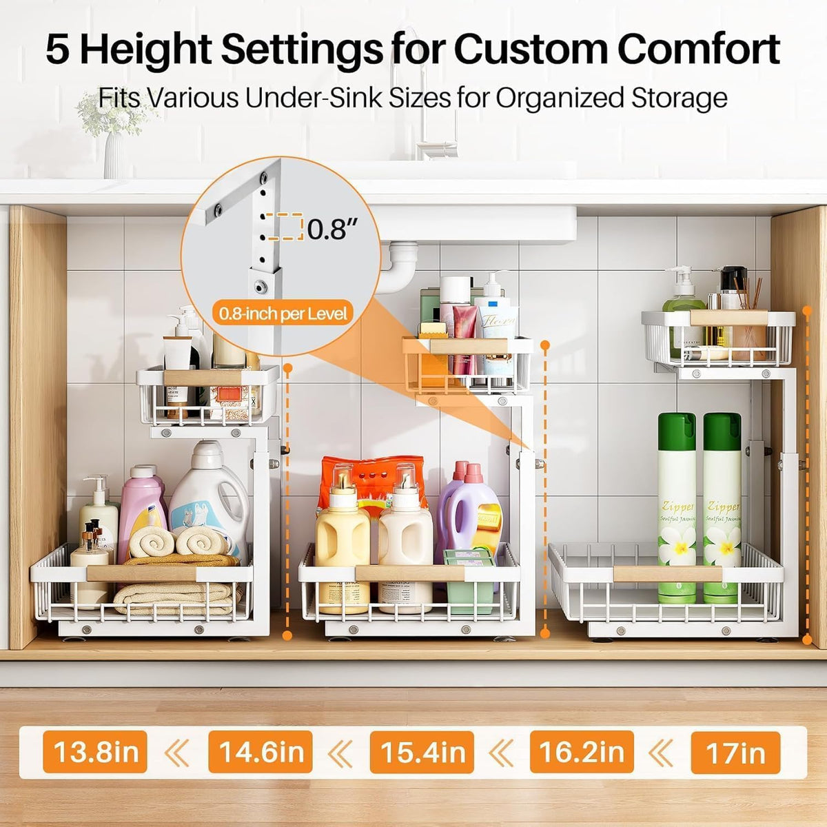 PXRACK 2 Pack Under Sink Organizer,Adjustable Height,2 Tier Pull Out Under Cabinet Organizer,Slide