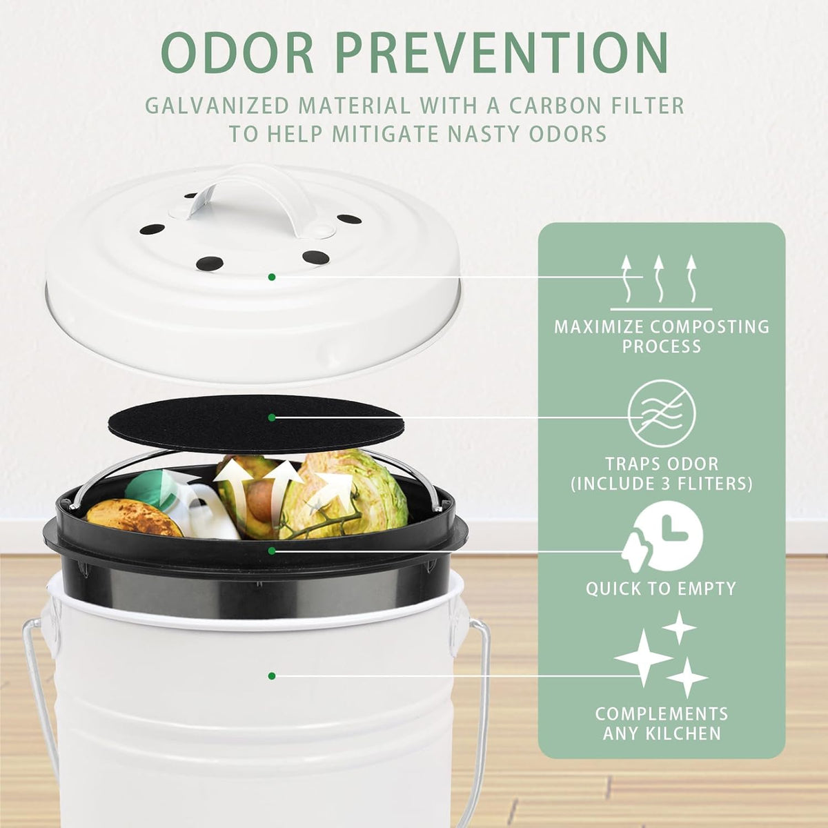 Vipush Compost Bin with Lid Small Countertop Compost Bin includes Inner Liner & 3 Charcoal Filters